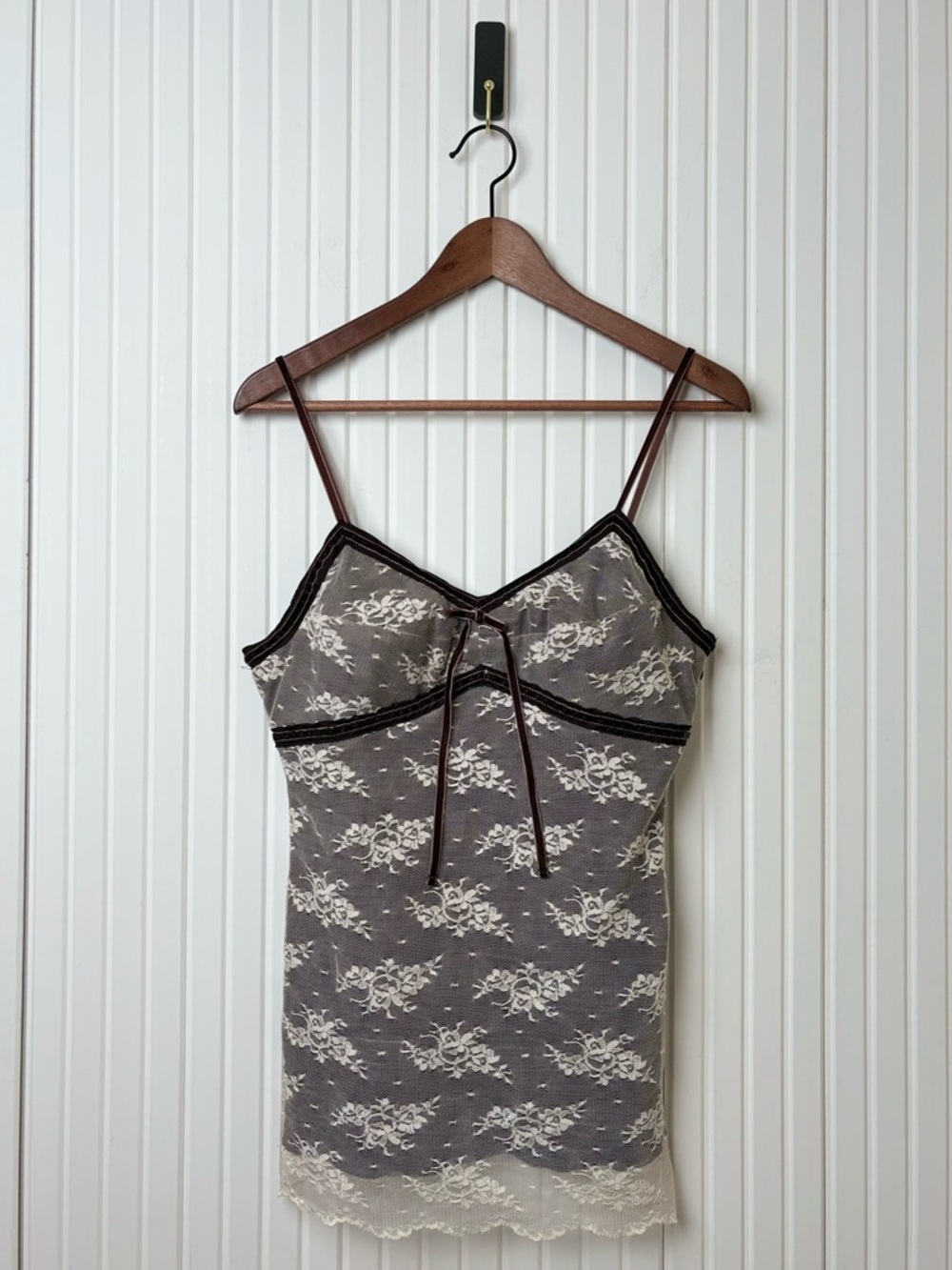 VTG Y2K Lace Babydoll Tank Top Velvet Trim M Coquette Feminine Fairy Romantic